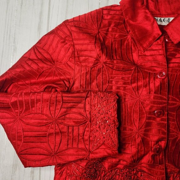 Vintage Anage Red Silk Jacket Topper Coat Boho Beaded Embroidered Blazer Medium - Picture 8 of 11